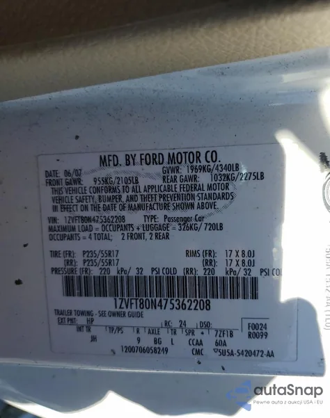 2007 Ford Mustang из США, поврежденный, VIN 1ZVFT80N475362208